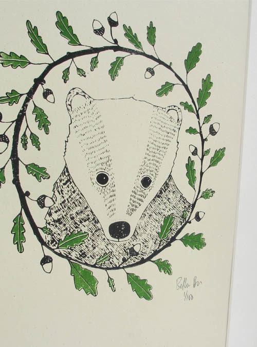 Screen print of a badger in black ink surrounded by oak leaves and acorns. Perfect for animal lovers