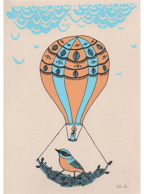 Hot air balloon screen print. 3 colour print of a bird riding in his nest with a hot air balloon. Blue, orange and black print. A3 size, perfect for a nursery