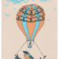 Hot air balloon screen print. 3 colour print of a bird riding in his nest with a hot air balloon. Blue, orange and black print. A3 size, perfect for a nursery