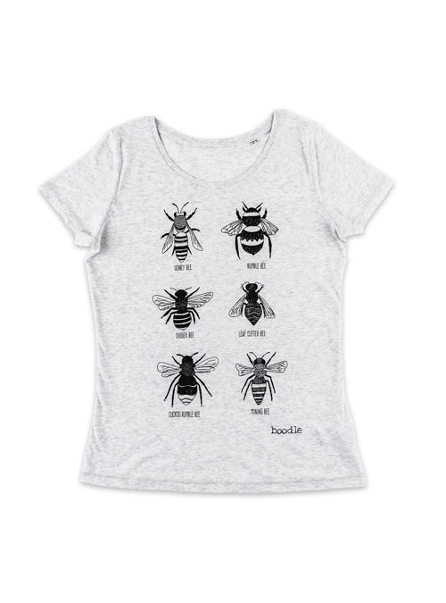 Bee womens T-shirt. Grey T-shirt with 6 varieties of bee screen printed with black ink