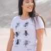 Model wearing a light grey bee T-shirt featuring 6 bees