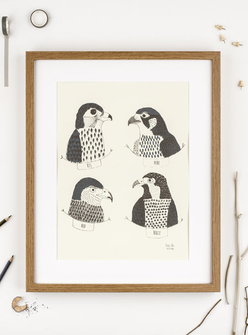 Screen print featuring 4 birds of prey. A kestrel, Perigrin Falcon, Red kite and Buzzard. " colour screen print