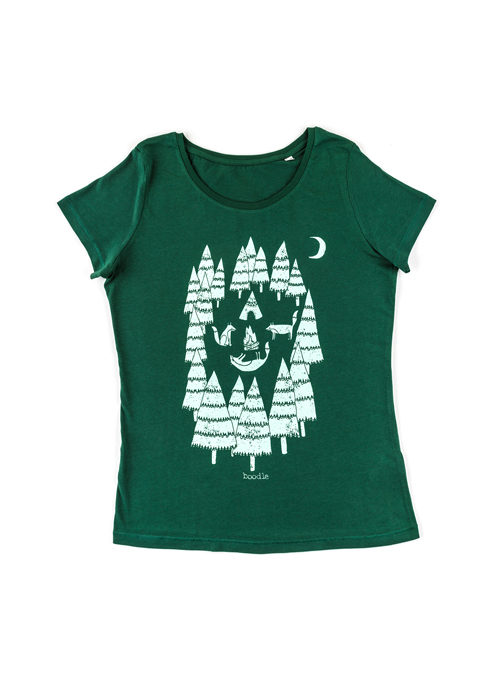 Green womens T-shirt featuring 3 foxes camping in the woods