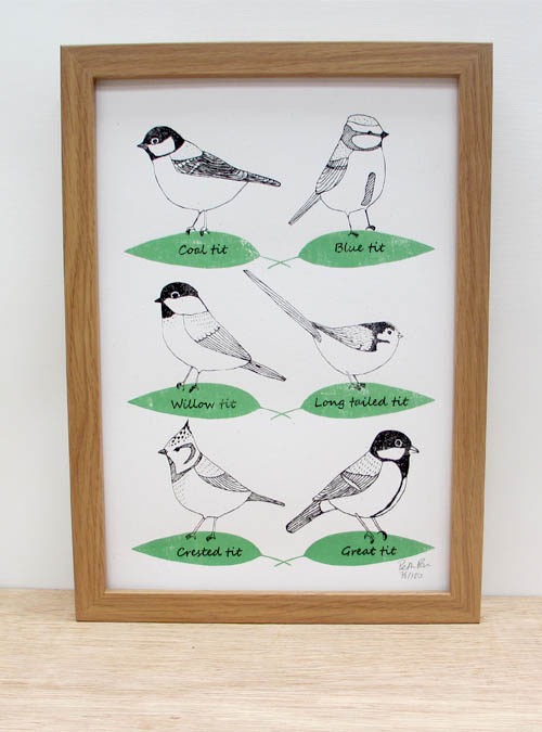 Garden birds art print featuring 6 varieties of tit on white recycled paper