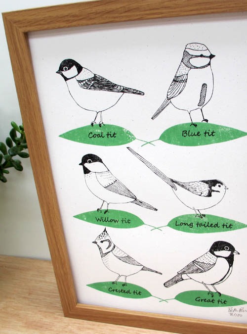Photograph of a framed print of 6 garden birds. Illustrative design of 6 garden birds