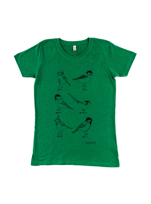 Green womens T-shirt featuring an illustration of 6 varieties of tit