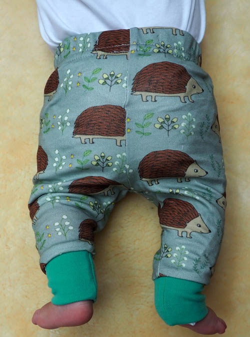 Photo of baby wearing hedgehog leggings showing the back of the leggings