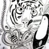 Close up of animal jungle print featuring animals in the jungle. Sloth, tiger, toucan and bugs within foliage