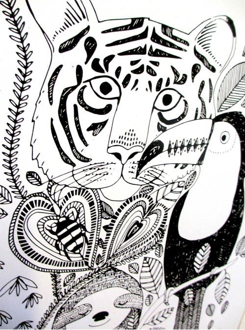 Close up of animal jungle print featuring animals in the jungle. Sloth, tiger, toucan and bugs within foliage