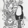 Screen print of animals in the jungle featuring a sloth, a tiger, a toucan and some bugs