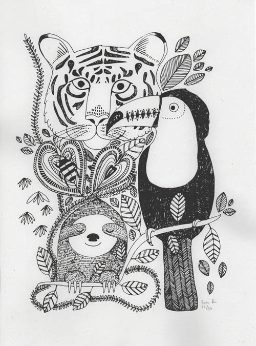 Screen print of animals in the jungle featuring a sloth, a tiger, a toucan and some bugs