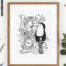 Art print of jungle animals in black and white. Tiger, sloth, toucan, bugs surrounded by leaves.