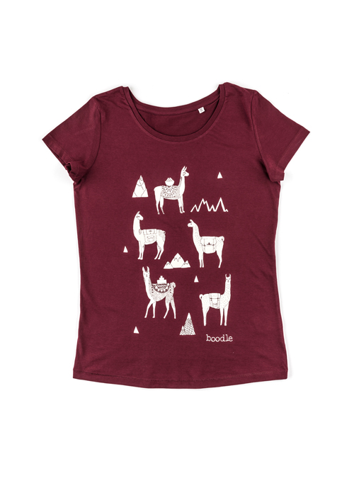 Llama womens T-shirt featuring Llamas and other small mountain symbols on a burgandy background.