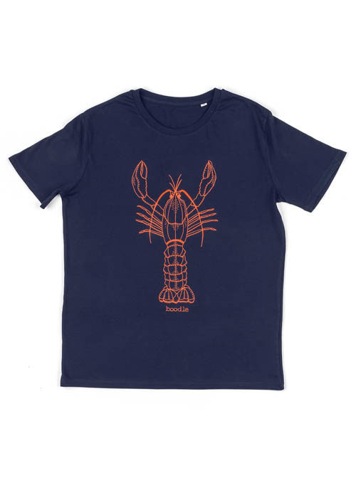 Lobster Mens T-shirt. Illustration of an orange lobster on a navy T-shirt