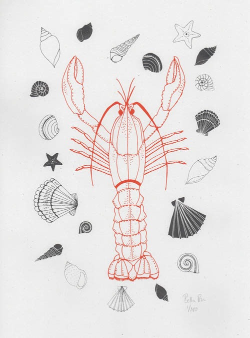 Lobster and shell art print. Screen print of a lobster surrounded by shells. Orange lobster surrounded by grey shells