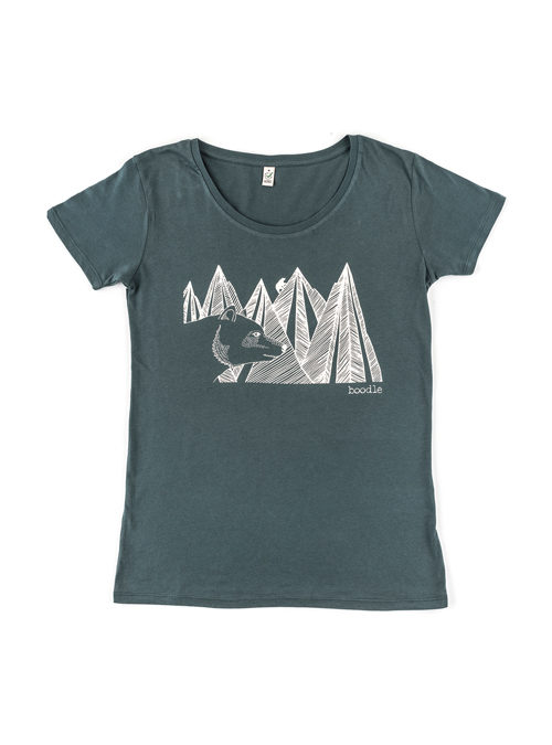 Womens grey T-shirt featuring an illustration of a mountain range with a bear in front