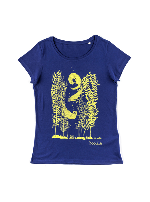 Blue otter womens T-shirt featuring 3 otters playing in kelp. Yellow screen print on a dark blue T-shirt. Organic cotton
