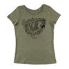 khaki green womens T-shirt featuring an illustration of a sloth hanging from a branch
