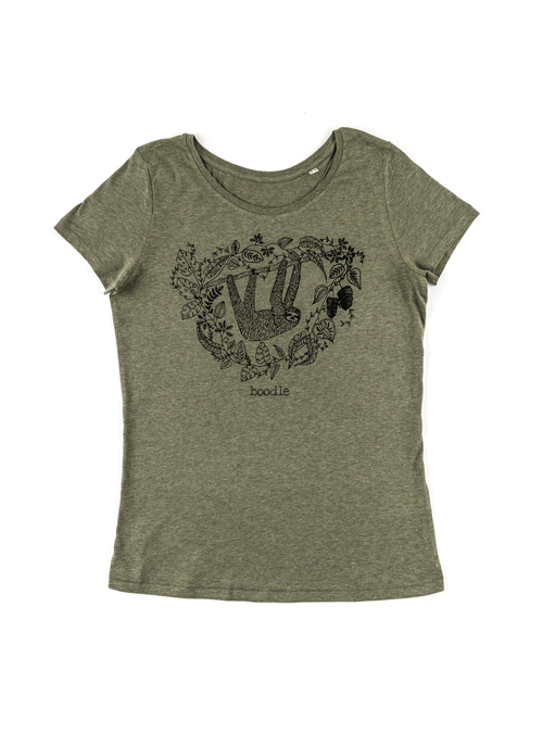 khaki green womens T-shirt featuring an illustration of a sloth hanging from a branch