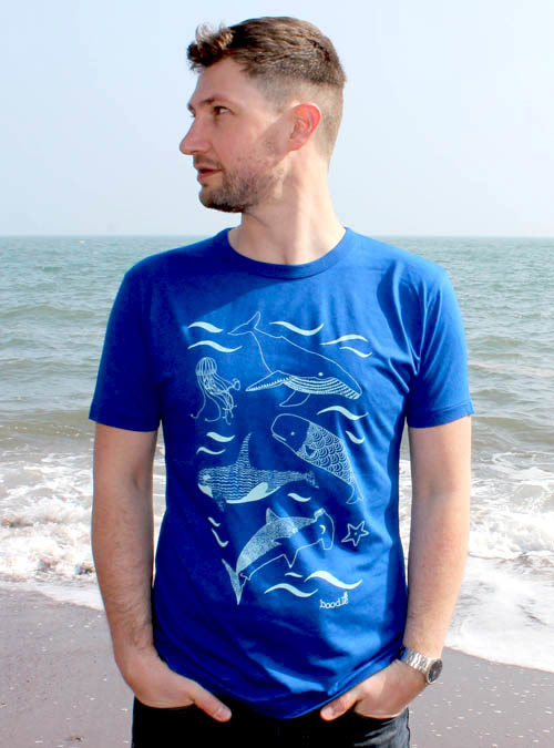 blue bamboo t-shirt featuring an underwater scene