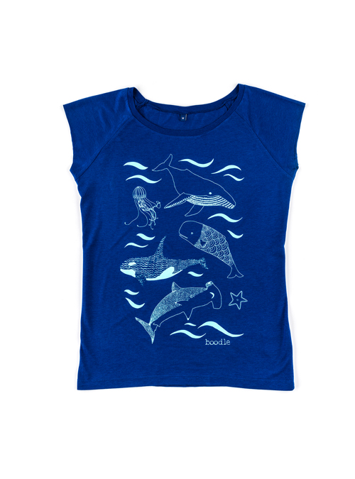 Womens blue bamboo T-shirt featuring whales, sharks, jelly fish and starfish