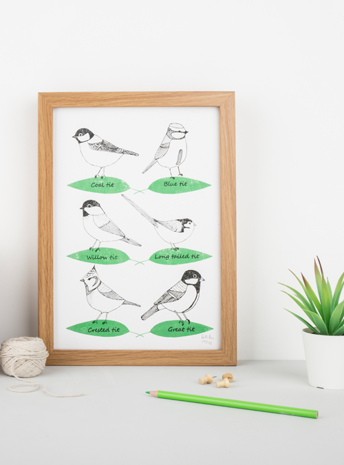 Garden birds art print featuring 6 varieties of tit. Green and black art print featuring 6 tits