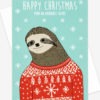sloth in christmas sweater card. Cute illustration of a sloth in a red Christmas sweater with the text 'Happy Christmas from an adorable sloth' above