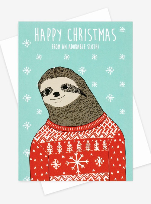 sloth in christmas sweater card. Cute illustration of a sloth in a red Christmas sweater with the text 'Happy Christmas from an adorable sloth' above