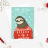 sloth christmas card featuring a sloth wearing a red christmas sweater with a blue background and snowflakes falling. Text above the sloth says 'Happy Christmas from an adorable sloth' Illustrative style.