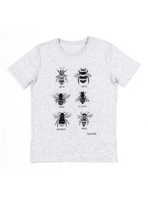 Grey Bee T-shirt featuring a screen print of 6 Bees in black ink