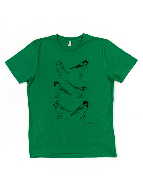 Garden birds Geen T-shirt featuring 6 varieties of Tit