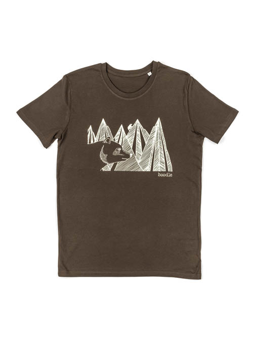 Mountain Bear Mens T-shirt. Brown organic T-shirt with a print of a Mountain range with a bear in front