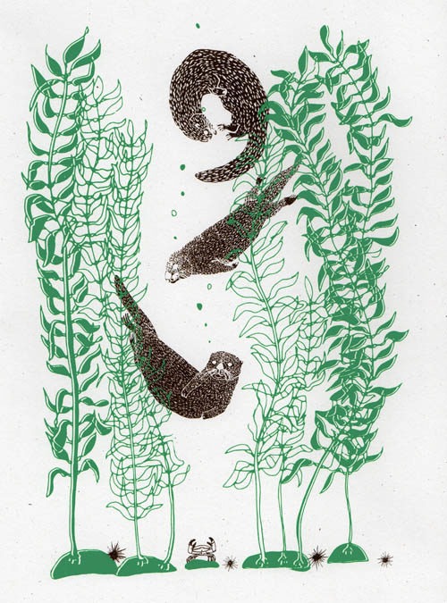 Art print featuring 3 otters playing in kelp. 2 colour print with brown otters and green kelp. Illustrative style