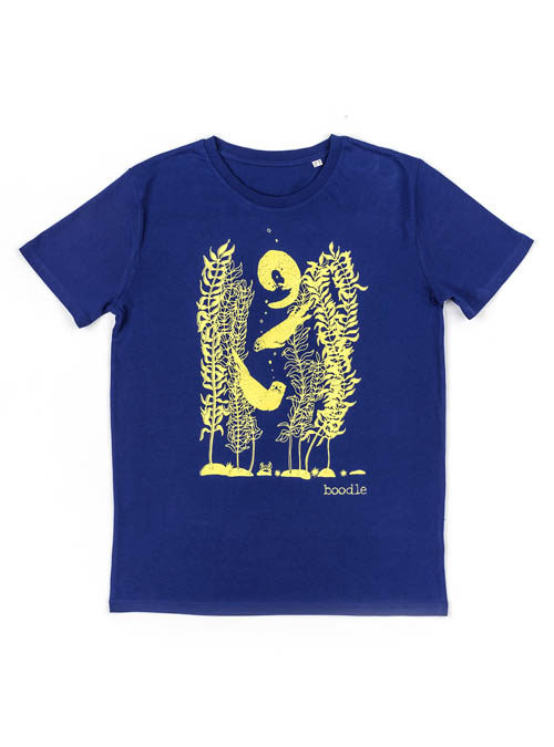 Photo of a Blue Unisex T-shirt featuring a yellow screen print of 3 otters playing in kelp