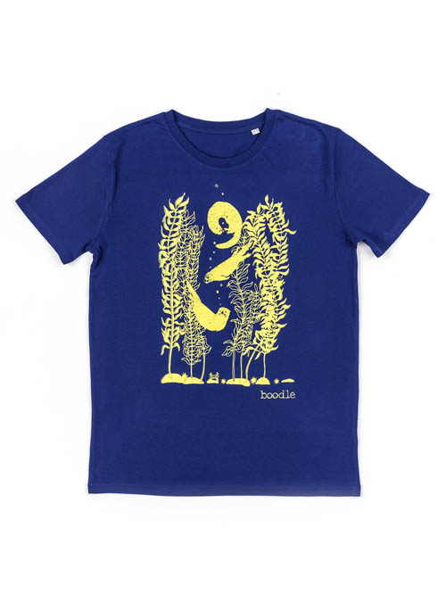 Photo of a Blue Unisex T-shirt featuring a yellow screen print of 3 otters playing in kelp
