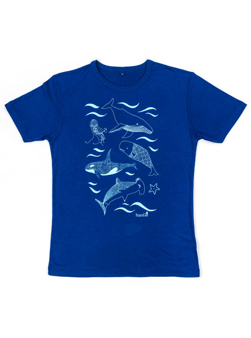 Blue Mens t-shirt with a screen print of whales, orca, hammerhead shark, jelly fish. Illustrative design