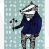 Cute badger holding a bunch of flowers with a teal background