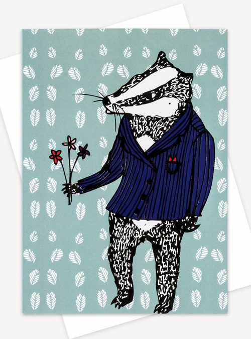 Cute badger holding a bunch of flowers with a teal background