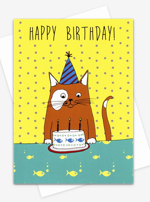 cat birthday card featuring a ginger cat in front of a birthday cake