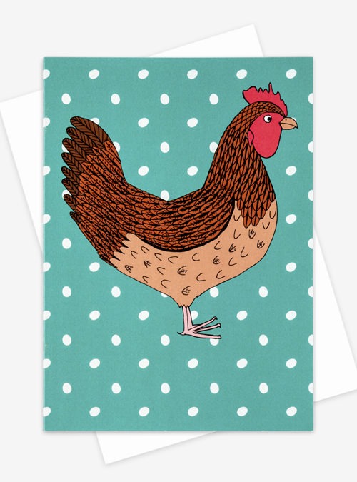Illustration of a red chicken on a teal background with a repeat pattern of eggs
