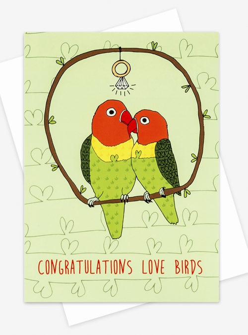 congratulations love birds card featuring 2 love birds with an engagement ring hangig down