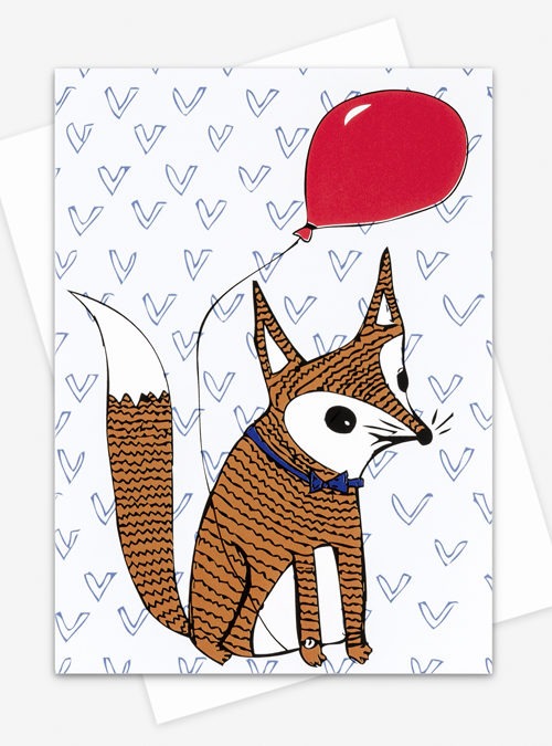 foxes party card. An illustration of a foxholding a balloon redy for a party!