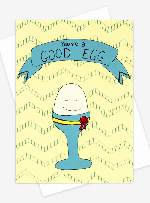 Good egg greetings card featuring an illustration of an egg in an egg cup with a rossette