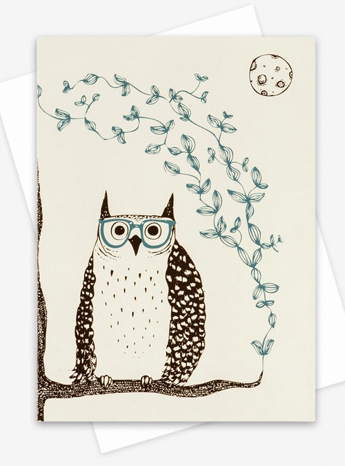 Illustration of an owl wearing glasses sitting on a branch with the moon in the background