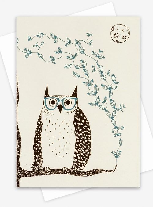 Illustration of an owl wearing glasses sitting on a branch with the moon in the background