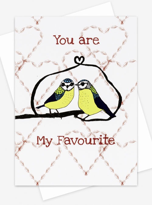 You are my favourite card featuring 2 birds on a branch with the text 'You are my favourite' and some subtle leaf hearts in the background