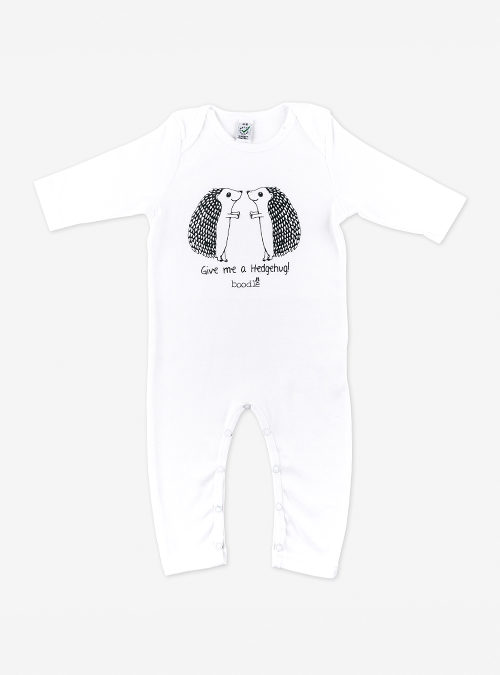 White organic romper featuring 2 hedgehogs ready to hug! with the text 'Give e a hedgehug' underneath