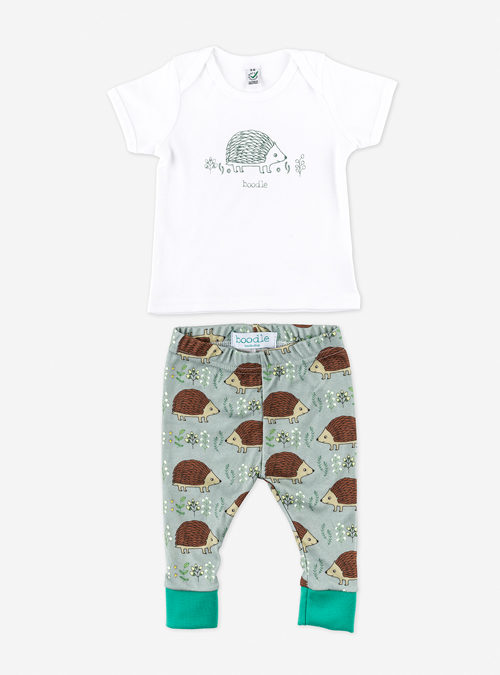 photo of baby hedgehog leggings and bab T-shirt. Leggings are sage green with a repeat pattern of hedgehog and foliage with teal cuffs. T-shirt is white organic cotton with an illustration of a hedgehog with foliage.