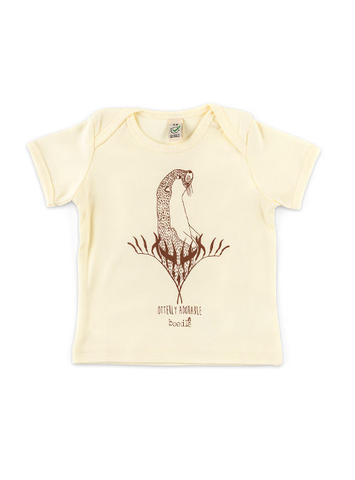 Organic cotton natural colour baby T-shirt featuring an illustration of an otter with kelp underneath with the text 'Otterly adorable" underneath