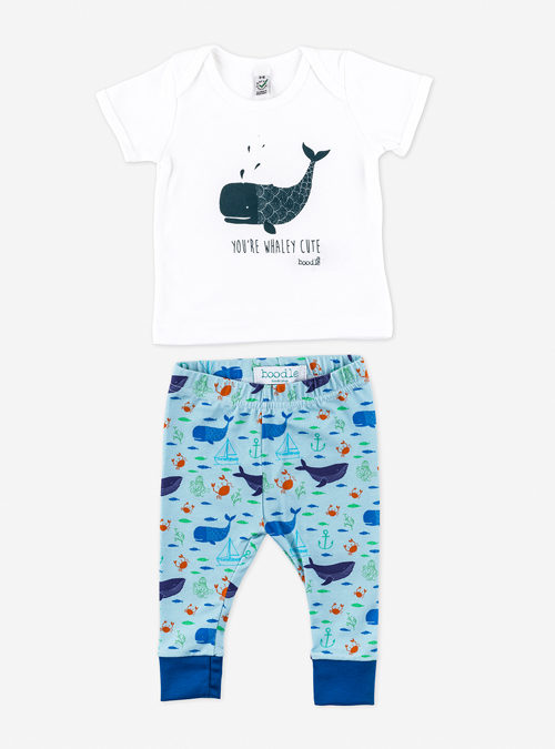 Photo of a baby outfit consisting of whale baby leggings and a white baby T-shirt featuring a whale with the text 'You're whaley cute' underneath